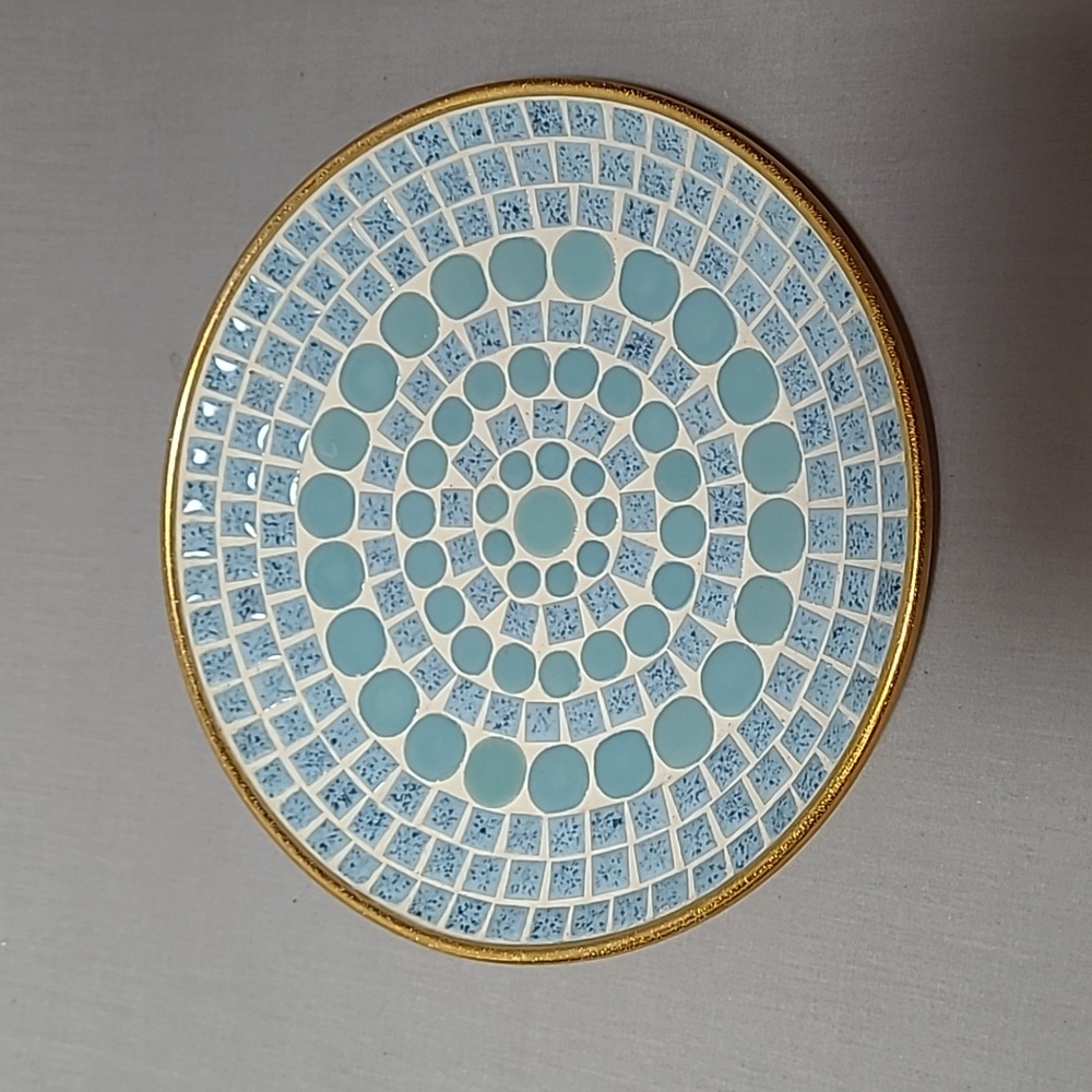 Vintage Mid Century Vibe Blue/Green Mosaic Tile Trinket Candy Plate Dish